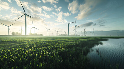 windmills turbines in a natural field for wind generation of hydrogen out of air or water into pipeline, Green hydrogen nitrogen to form nitrogen fertilizer production banner concept  - obrazy, fototapety, plakaty