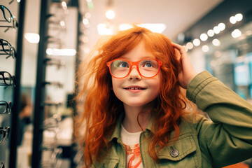 A 10-year-old red haired girl wearing glasses at an Optical Store