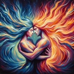 Twin flame couple. Soulmates. The concept of magical, esoteric, tantric, spiritual love. Connection between souls. Illustration for websites and much more. Created using generative ai tools.