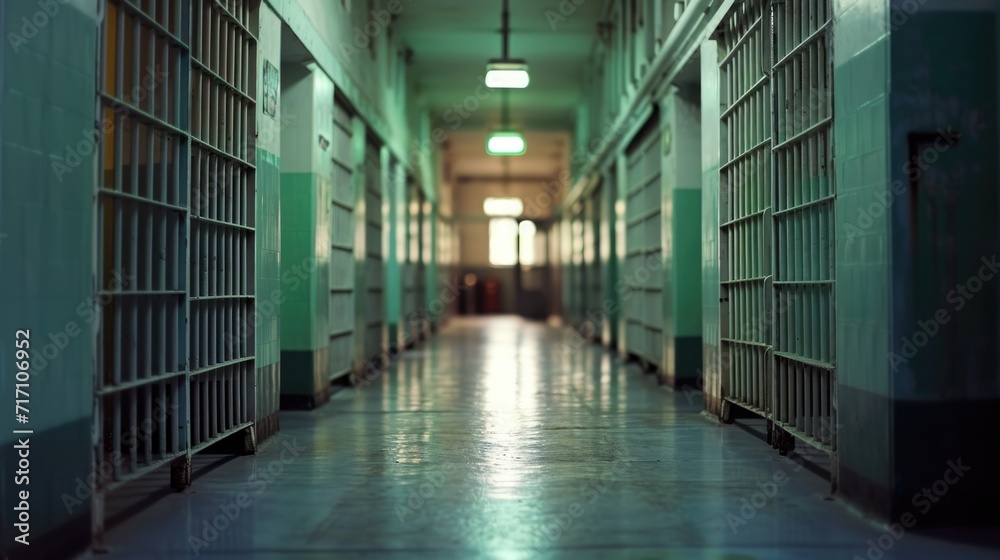 Poster a long hallway with a series of jail bars. suitable for crime-related themes or confinement concepts