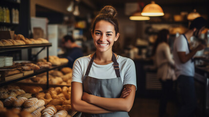 Young barista serving coffee. Grocery worker. Smiling beautiful woman in apron serving a big cup of coffee to a customer in a modern cafe, bar