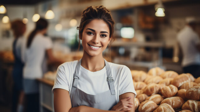 Young barista serving coffee. Grocery worker. Smiling beautiful woman in apron serving a big cup of coffee to a customer in a modern cafe, bar