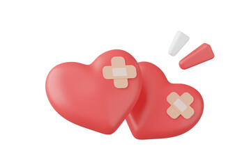 3D render, Minimal broken and wound red heart with plaster carefully gesture isolated on background, repair heart, icon element for social media and mock up, love concept.
