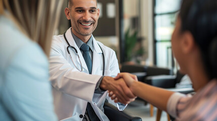 A stylish male doctor offering a warm handshake to a patient in a modern waiting room, showcasing the importance of a friendly and approachable demeanor in healthcare.