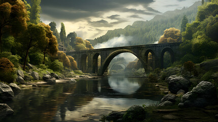 bridge over the river in mountains - obrazy, fototapety, plakaty