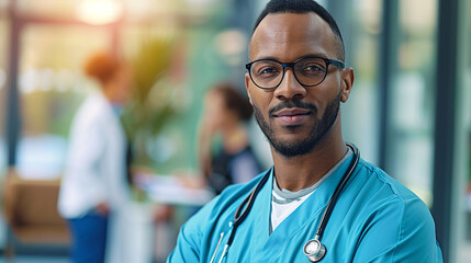 Fototapeta premium A stylish male doctor in chic athleisure-inspired medical scrubs, embracing a healthy lifestyle while attending to patients in a wellness clinic, emphasizing the holistic approach