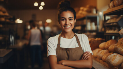 Young barista serving coffee. Grocery worker. Smiling beautiful woman in apron serving a big cup of coffee to a customer in a modern cafe, bar - obrazy, fototapety, plakaty