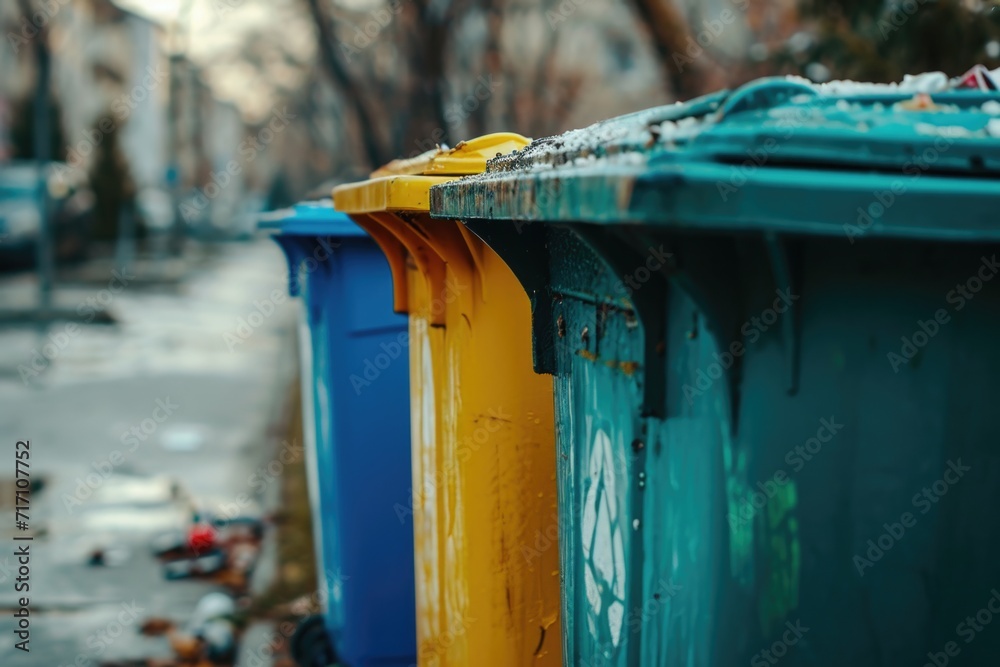 Poster a row of garbage cans sitting on the side of a road. suitable for depicting cleanliness, waste manag