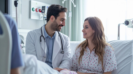 Fototapeta premium A fashionable doctor with a compassionate expression, offering comfort to a patient in a tastefully decorated hospital room, emphasizing the importance of patient-centered care.