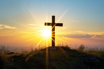 Serene Hill with Backlit Wooden Cross