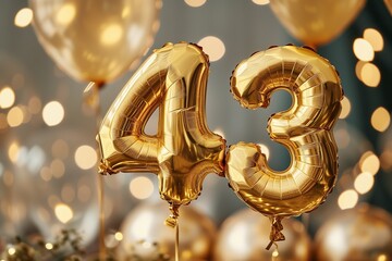 43. Geburtstag, "43" aus goldenen Heliumballons, festlicher Hintergrund