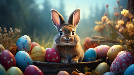 Illustration of Easter bunny and easter eggs. Spring holiday background. 