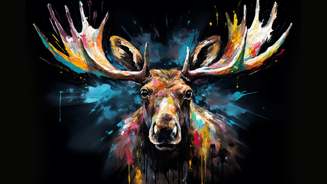 moose from front, all recovered of different paint brushes colors, black background , painting style