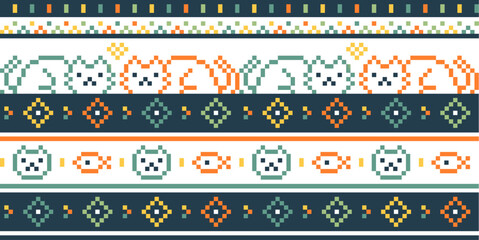 Pixel Cat seamless pattern, Bohemian style tribal cat pattern design for textile, fashion, print pattern.