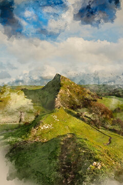 Digital watercolour painting of Beautiful landscape image of Parkhouse Hil viewed from Chrome Hill in Peak District National Park in early Autumn