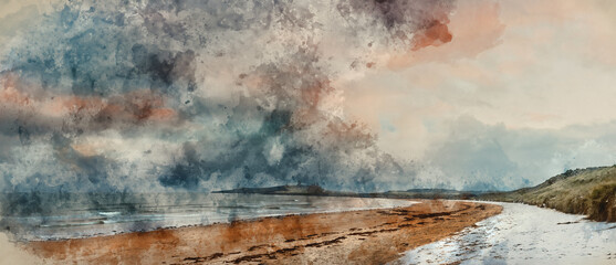 Digital watercolour painting of Beautiful dramatic unusual Winter landscape of snow on Embleton Bay beach in Northumberland England