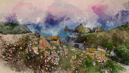 Digital watercolour painting of Beauitful sunrise and sunset landscape image of Kynance Cove in Cornwall England with colourful sky