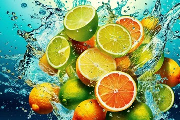 Vibrant lime and sliced citrus fruits submerged in water with a refreshing splash; a delightful illustration of summer beverages. Generative AI