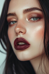 beautiful brunette model with lipstick on her lips close-up