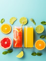 Refreshing Summer Sips: Fresh Juices with Vibrant FRESH on Colorful Background