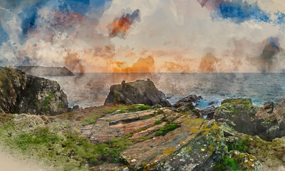 Digital watercolour painting of Beautiful dramatic Summer dawn over Lizard Point in Cornwall UK with lovely glowing sky and clouds