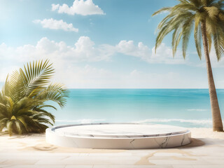 Marble podium for product display and presentation. Summer beach mockup with white sand, palm trees and ocean background design.