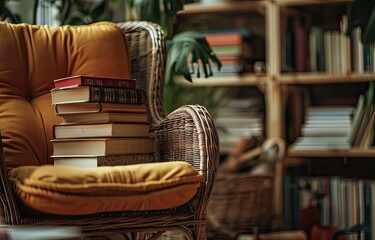 A pile of hardcover books on a woven rattan chair, with bookshelves and plants in soft focus background.
