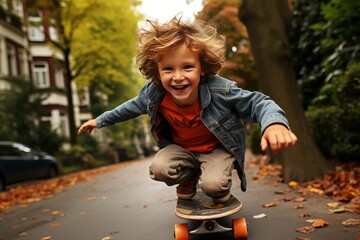Vibrant and happy young boy skillfully riding a skateboard with pure excitement on a sunny day