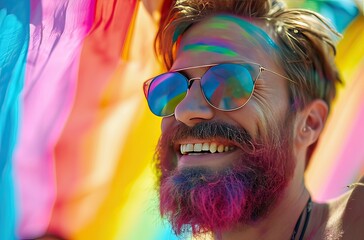 : Smiling bearded man with multicolored beard wearing sunglasses, against a bright, colorful fabric background.