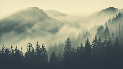Obraz premium Misty fogly mountain landscape with fir forest in vintage style