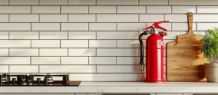 A vibrant red fire extinguisher is displayed on a white tile backsplash in a kitchen, alongside a cooktop and wooden chopping board on the countertop.