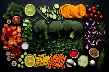 Fresh vegetables on black background. Top view. Healthy food concept.
