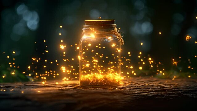 Sparkling fireflies in jar. Glowing bug firefly, butterfly coming out of a jar in a night isolated on a natural background. Magic night imagination. Magical nature concept. Artistic design raster illu