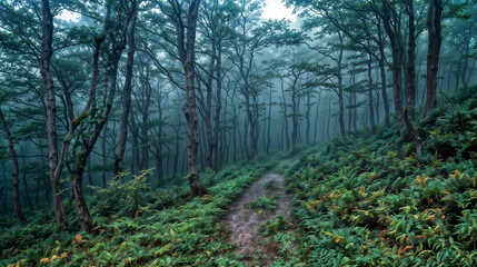 Fototapeta premium Misty Forest Path with Fern Undergrowth