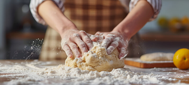 Artisan baker at work, creating homemade bread dough amidst a cloud of flour, kitchen setting.