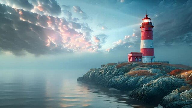 White Lighthouse in the middle of the ocean, calm waves and colors around the light house, dark clouds, lighthouse sunken by ocean and sea. Painting, concept art, cinematic light, illustration