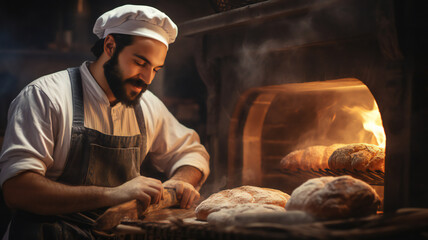 chef preparing dough, baker working with bread at kitchen near hot oven
