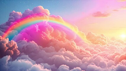 Pastel clouds with beautiful rainbow. Holographic fantasy rainbow unicorn background with clouds. Pastel color sky. Magical landscape, abstract fabulous pattern. Cute candy fantasy in the sky - Powered by Adobe