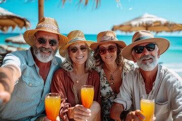 Group of mature friends with hats and sunglasses taking a selfie while having fun in a paradise. - Powered by Adobe
