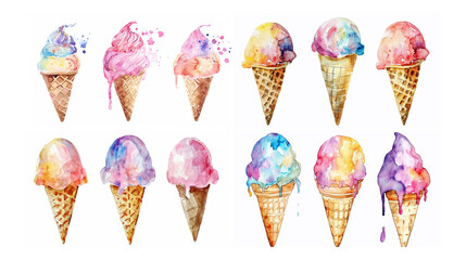 watercolor illustration with grungy texture, cute ice cream cone, three set isolated on white background, idea for junk journal design. Generative Ai
