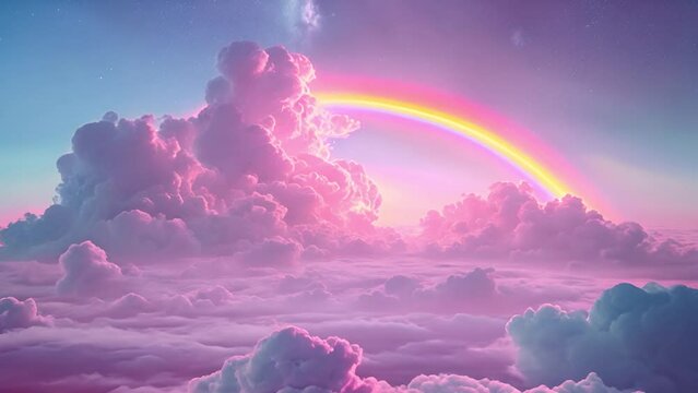 Pastel clouds with beautiful rainbow. Holographic fantasy rainbow unicorn background with clouds. Pastel color sky. Magical landscape, abstract fabulous pattern. Cute candy fantasy in the sky