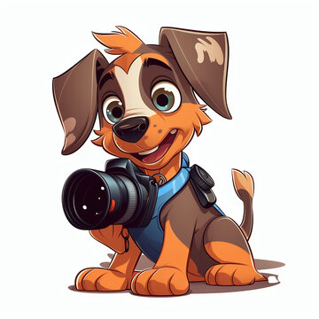 Cute puppy with camera. Vector illustration of a cartoon dog.