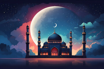 Digital illustration of a mosque on a starry night, ramadan, crescent moon and stars, mosque, generative AI