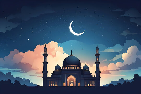 Digital illustration of a mosque on a starry night, ramadan, crescent moon and stars, mosque, generative AI