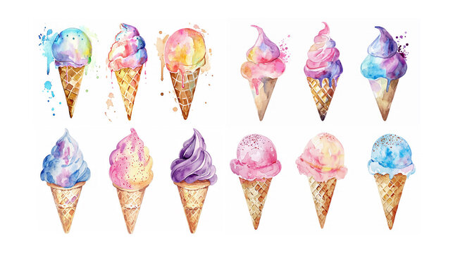 watercolor illustration with grungy texture, cute ice cream cone, three set isolated on white background, idea for junk journal design. Generative Ai