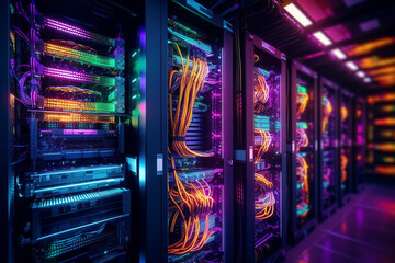 Server racks in computer network security server room data center, generative ai