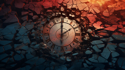 Shattered time concept with a vintage clock breaking through cobalt and crimson, conveying urgency and the ephemeral nature of time.