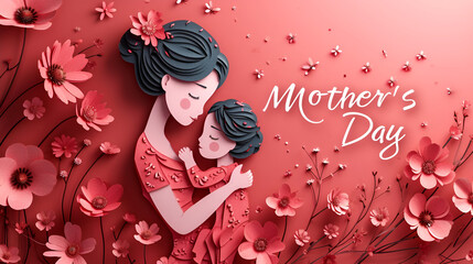 A touching Mother’s Day paper art scene, portraying the deep bond between mother and daughter among stylized red florals. Greeting card