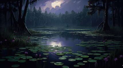 swamp at dusk, with a focus on capturing the serene and mysterious atmosphere, dark purple flowers into the scene for added visual intrigue.