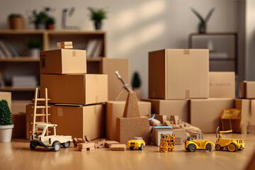 concept of housing and relocation. Family moving in new house.Move. Cardboard boxes and cleaning things for moving into a home